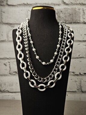 Lia Sophia Layered Chain Statement Necklace Silver Tone White Link Jewelry